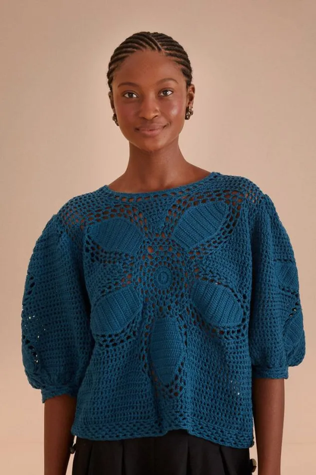 Teal Flower Draw Crochet Blouse Women FARM Rio Blouses