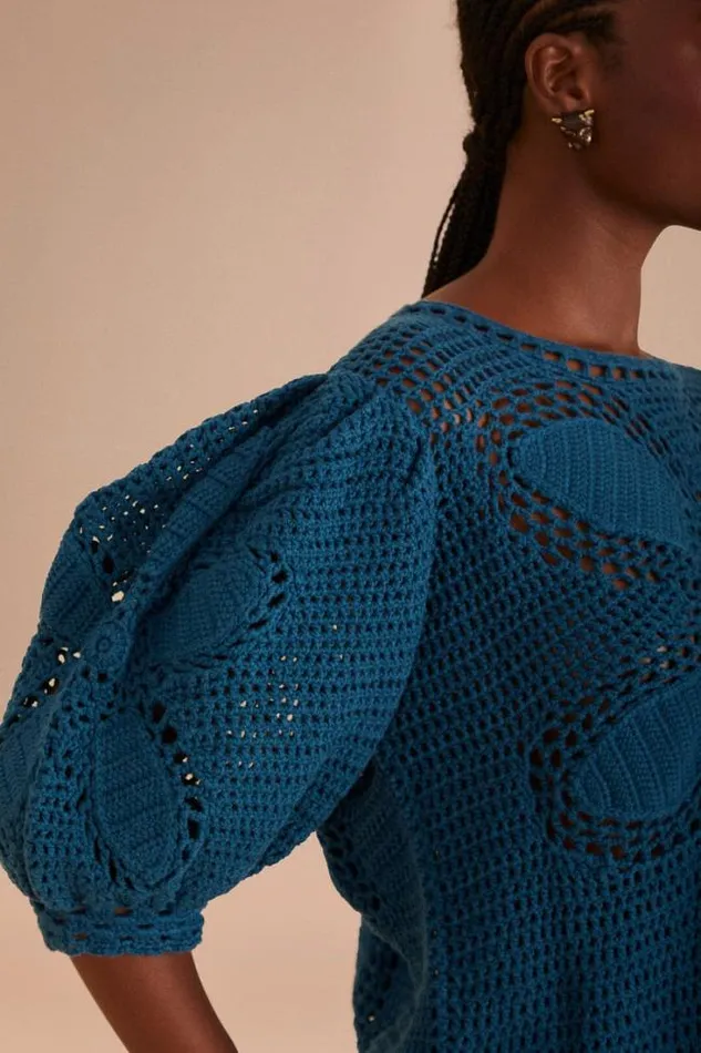 Teal Flower Draw Crochet Blouse Women FARM Rio Blouses