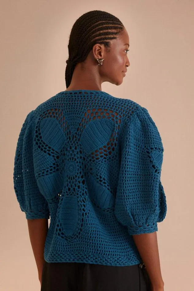 Teal Flower Draw Crochet Blouse Women FARM Rio Blouses
