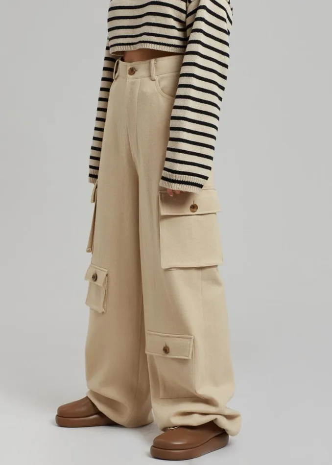 The Frankie Shop Hailey Boiled Wool Oversized Cargo Pants 8211 Beige Shop Bottoms