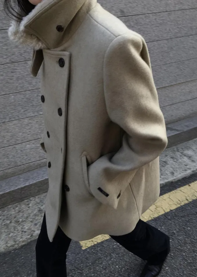 The Frankie Shop Kimmo Faux Fur Collar Peacoat 8211 Beige Shop Outerwear