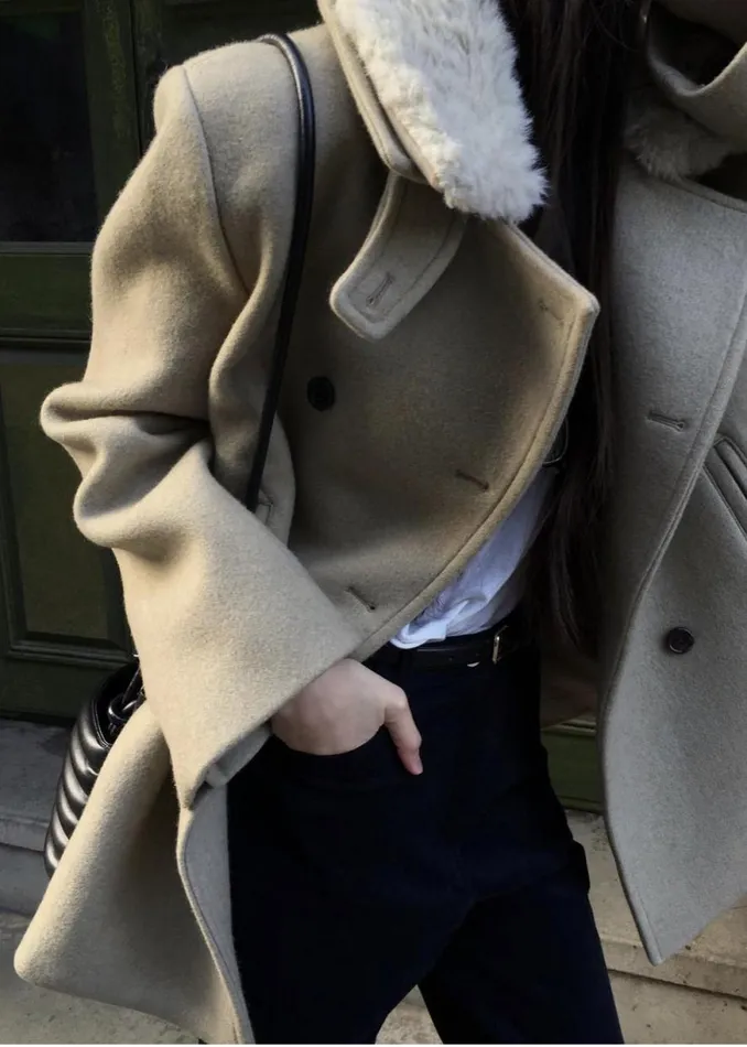 The Frankie Shop Kimmo Faux Fur Collar Peacoat 8211 Beige Shop Outerwear