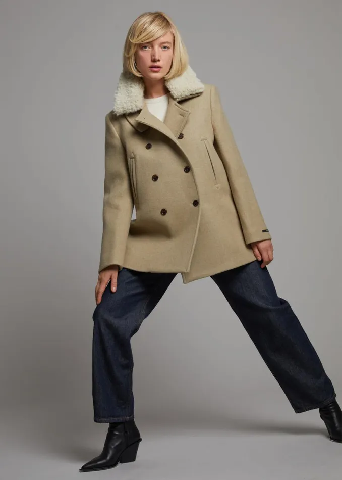 The Frankie Shop Kimmo Faux Fur Collar Peacoat 8211 Beige Shop Outerwear