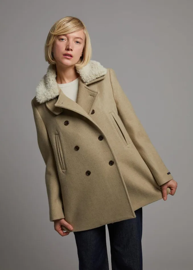 The Frankie Shop Kimmo Faux Fur Collar Peacoat 8211 Beige Shop Outerwear