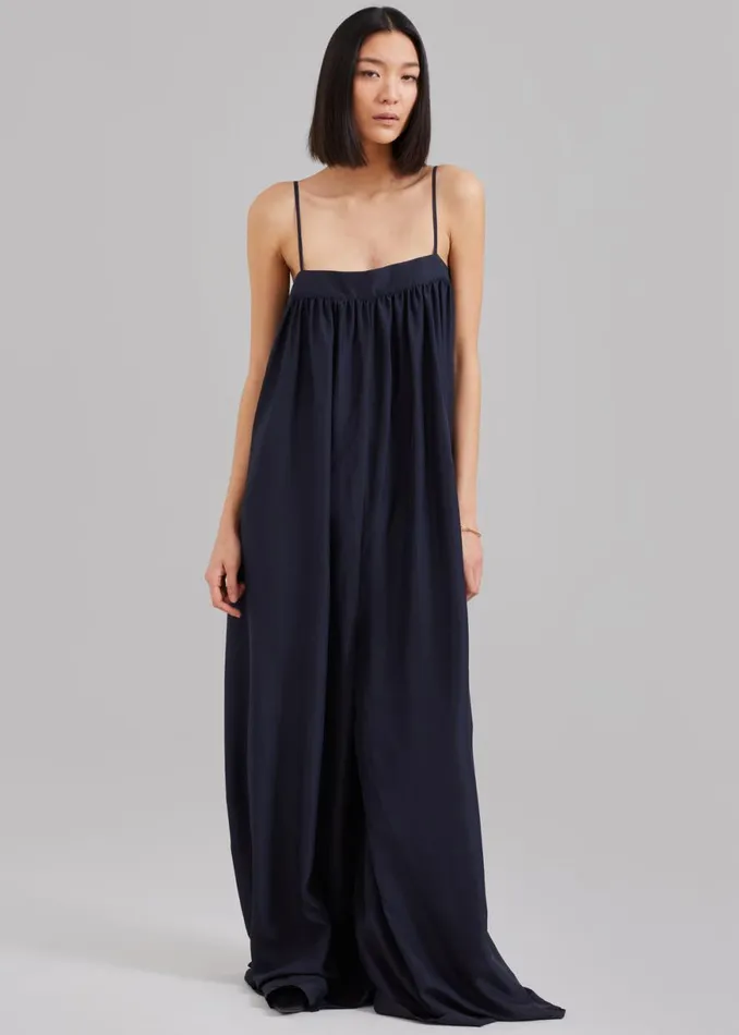 The Frankie Shop Maude Gathered Silk Jumpsuit 8211 Navy Shop Jumpsuits