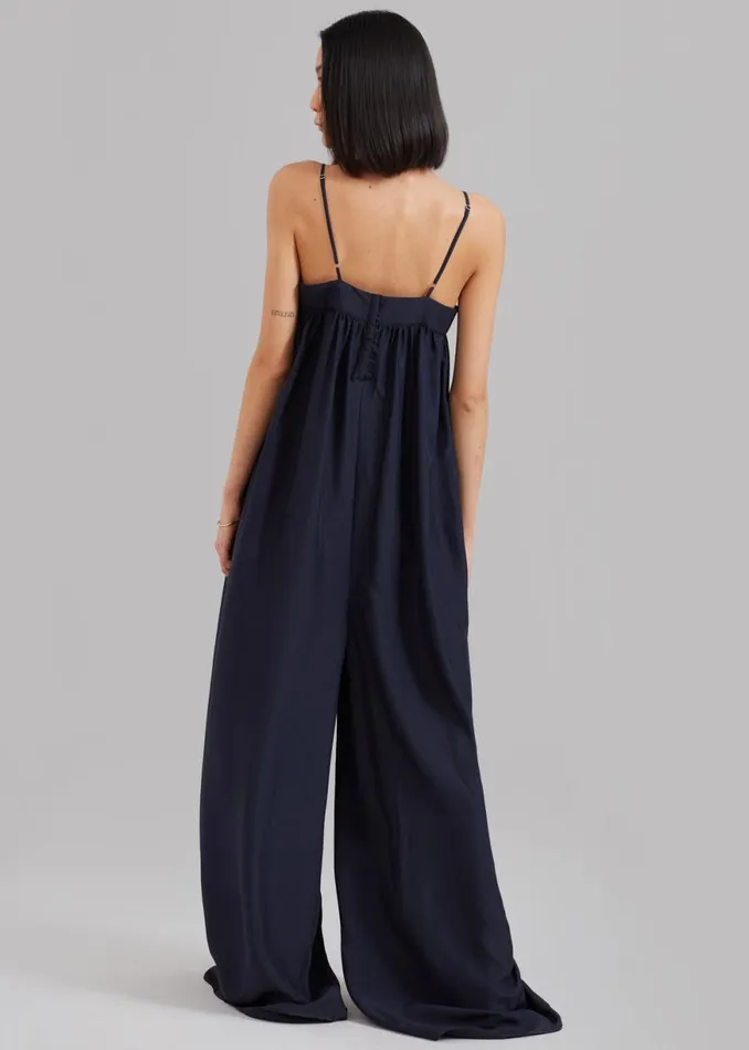 The Frankie Shop Maude Gathered Silk Jumpsuit 8211 Navy Shop Jumpsuits