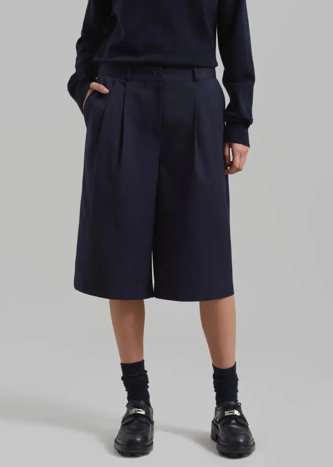 The Frankie Shop Wilma Pleated Bermuda Shorts 8211 Navy Shop Bottoms