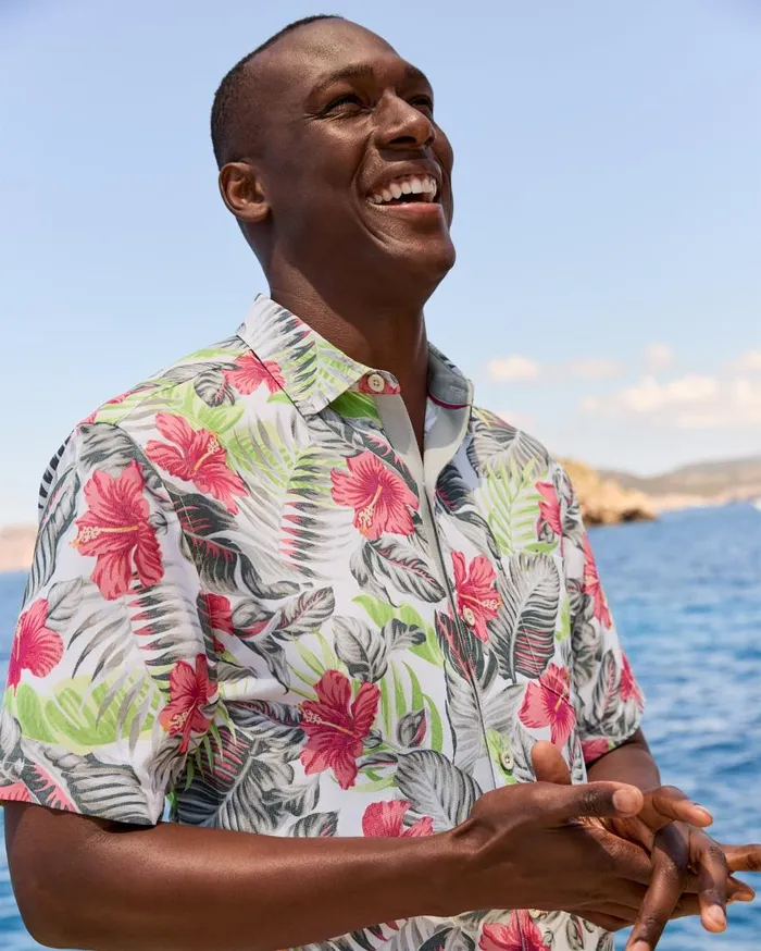 Tommy Bahama Shirts Coconut Point Hibiscus Shores IslandZone Camp Shirt Summer Grey 8211 Men