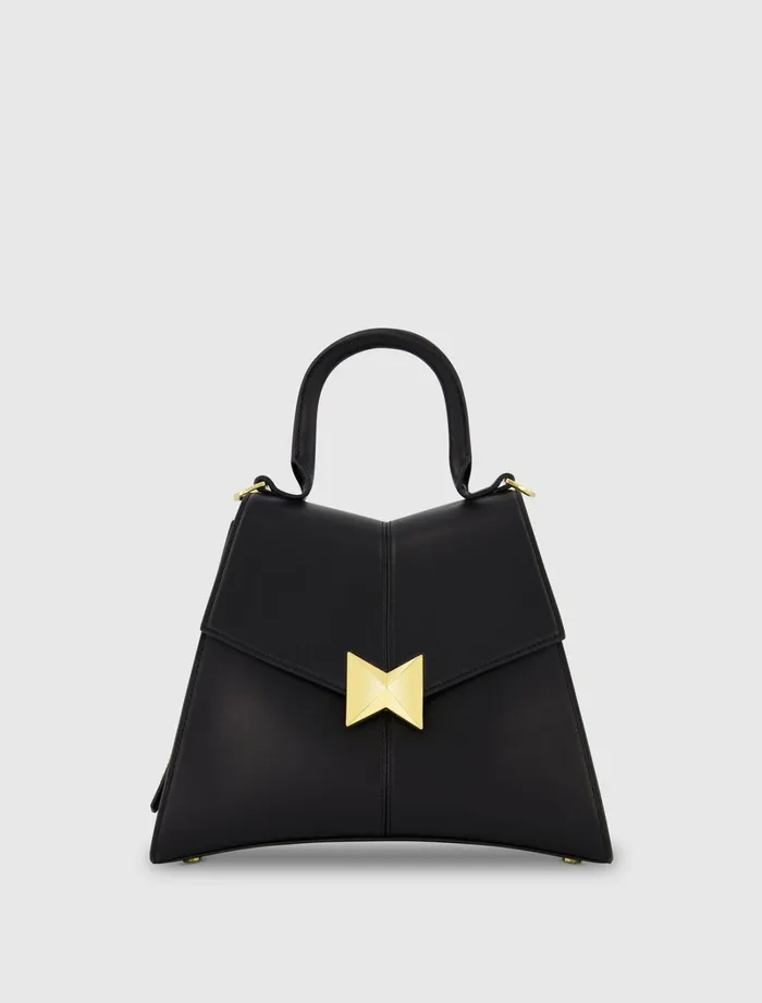 Top Handle Bags Medium Angular Black Leather Handbag With Gold Hardware Black Mac Duggal Women