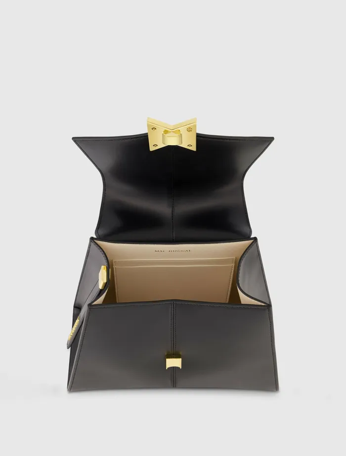 Top Handle Bags Medium Angular Black Leather Handbag With Gold Hardware Black Mac Duggal Women