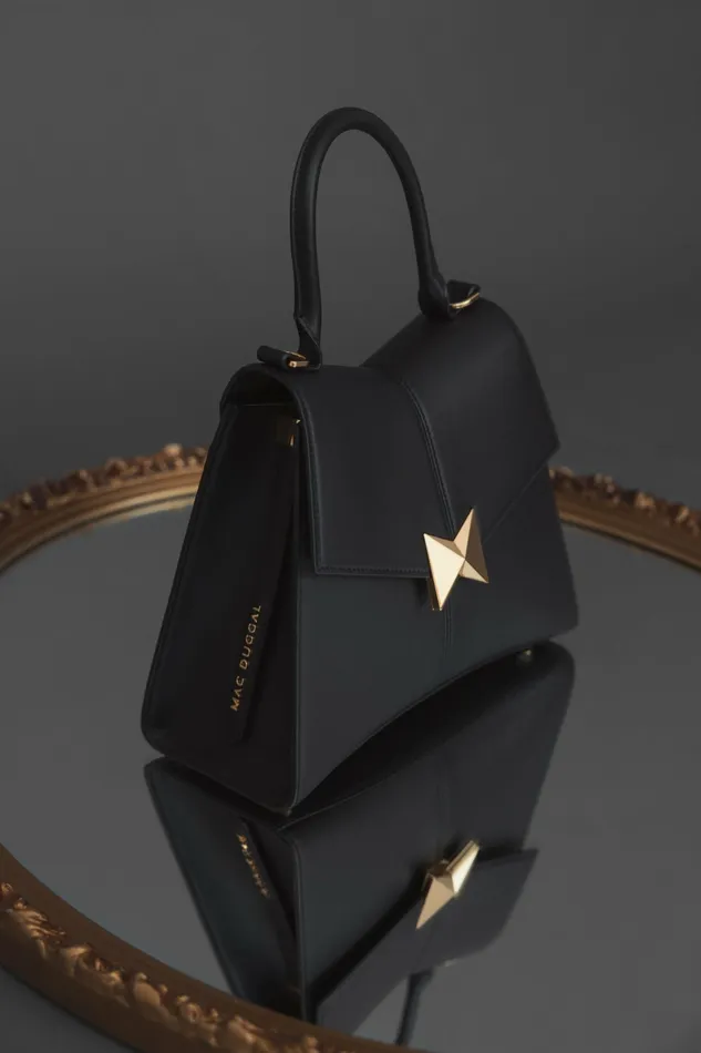 Top Handle Bags Medium Angular Black Leather Handbag With Gold Hardware Black Mac Duggal Women