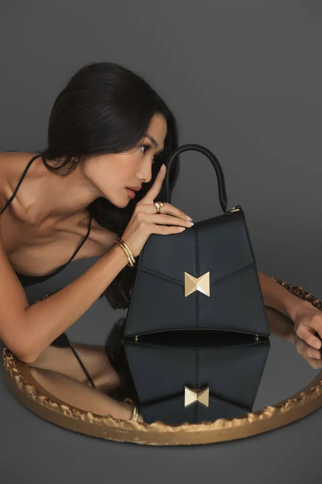 Top Handle Bags Medium Angular Black Leather Handbag With Gold Hardware Black Mac Duggal Women