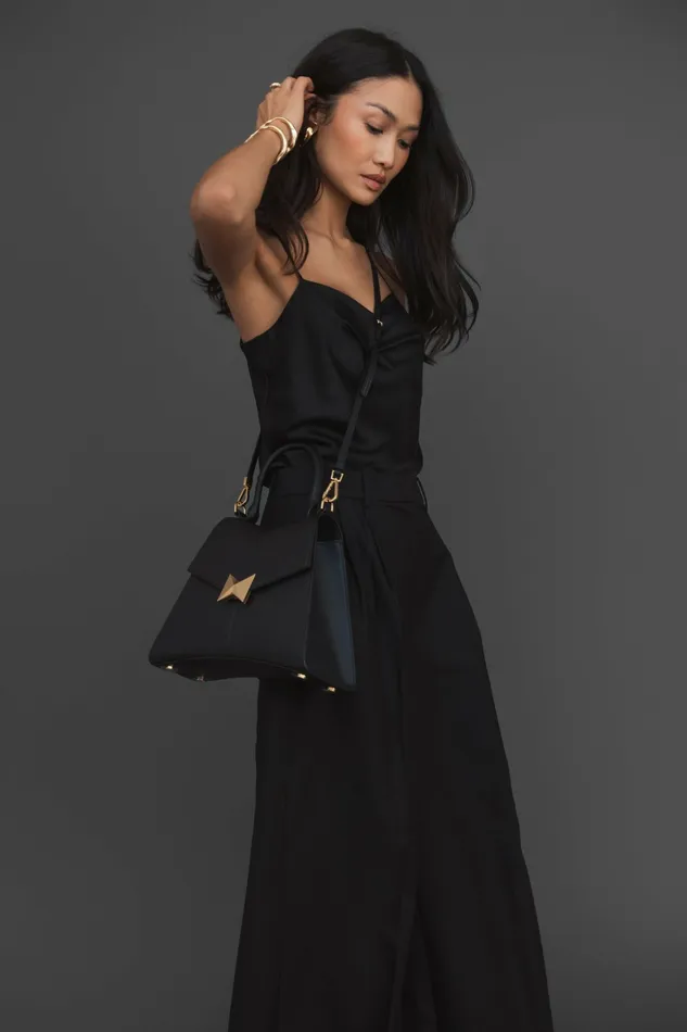 Top Handle Bags Medium Angular Black Leather Handbag With Gold Hardware Black Mac Duggal Women