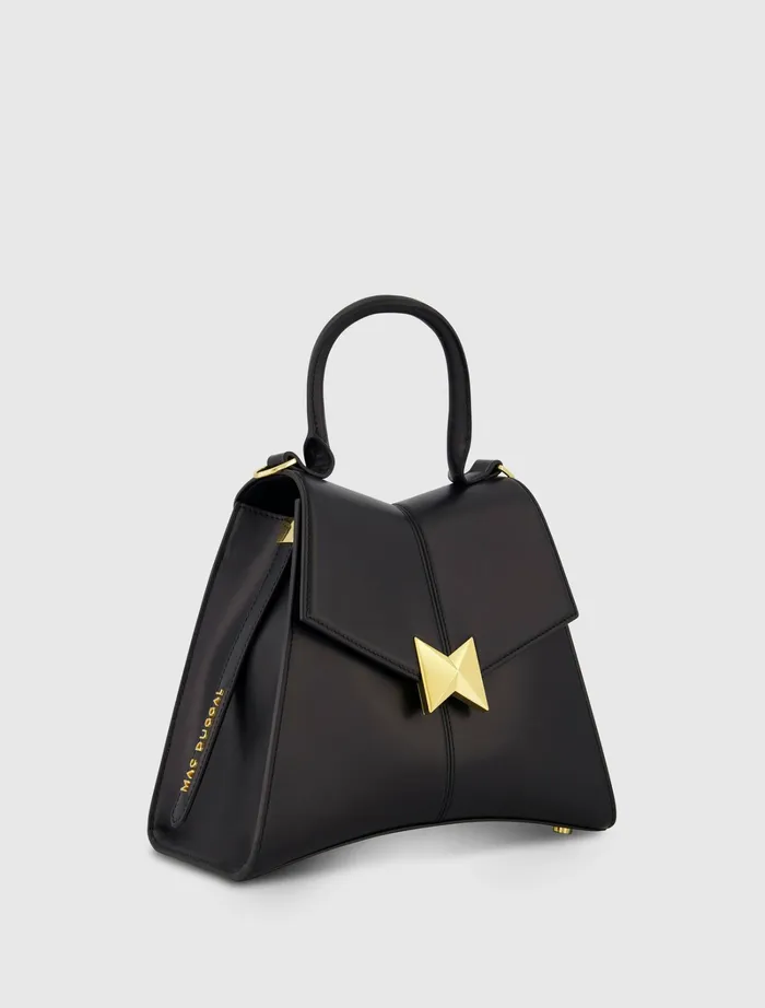Top Handle Bags Medium Angular Black Leather Handbag With Gold Hardware Black Mac Duggal Women