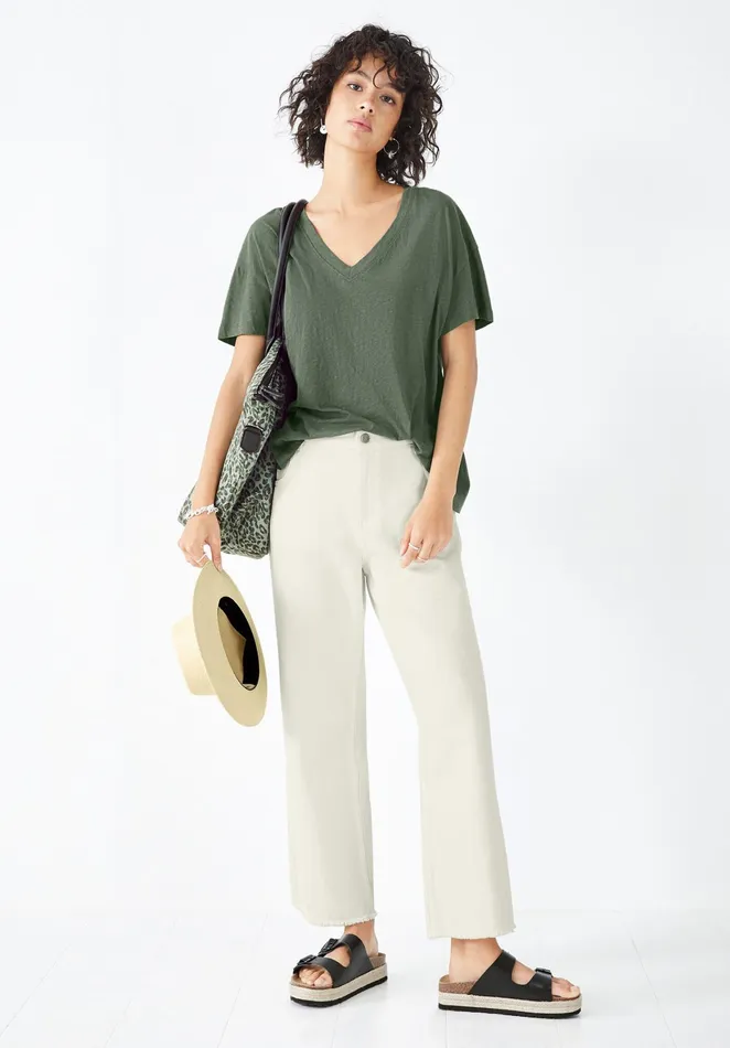 Tops and TShirts Women Hush Deep V Linen Blend Tee Khaki