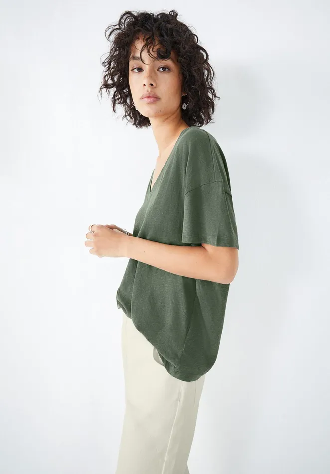 Tops and TShirts Women Hush Deep V Linen Blend Tee Khaki