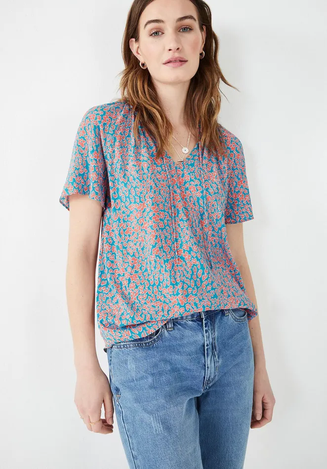 Tops and TShirts Women Hush Poppy Short Sleeved Top Leopard Floral Tealcoral