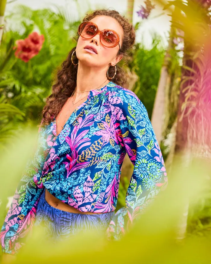 Tops WomenHome and Gifts Lilly Pulitzer Elsa Silk Top Aegean Navy Calypso Coast