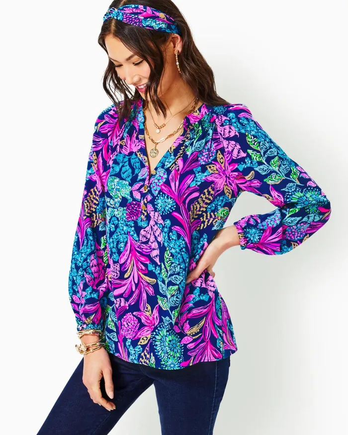 Tops WomenHome and Gifts Lilly Pulitzer Elsa Silk Top Aegean Navy Calypso Coast