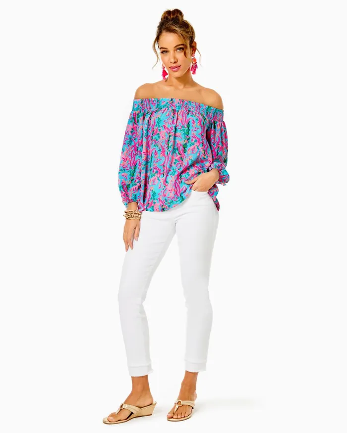 Tops Women Lilly Pulitzer Maryellen OffTheShoulder Top Dew Drop Stay Fly