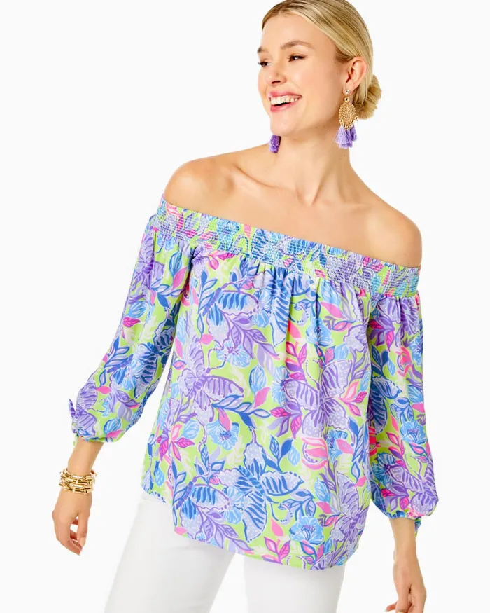 Tops Women Lilly Pulitzer Maryellen OffTheShoulder Top Dew Drop Stay Fly