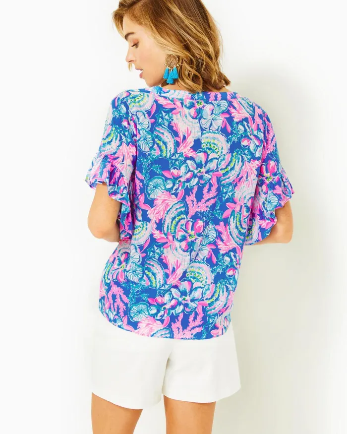 Tops Women Lilly Pulitzer Quinna Short Sleeve Top Blue Tang Sitting Seaside