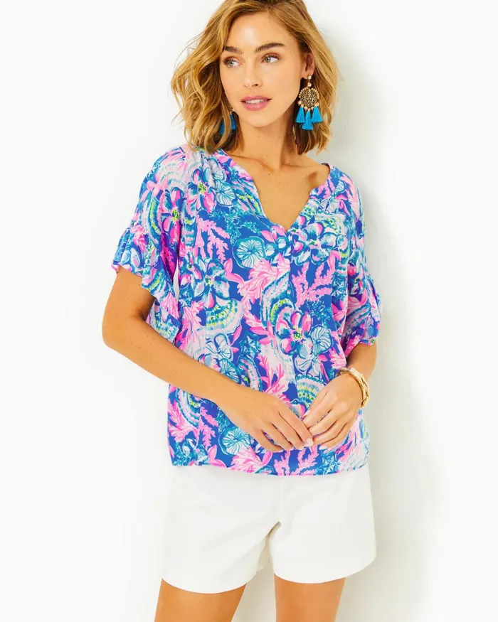 Tops Women Lilly Pulitzer Quinna Short Sleeve Top Blue Tang Sitting Seaside Tops Women Lilly Pulitzer Quinna Short Sleeve Top Blue Tang Sitting Seaside
