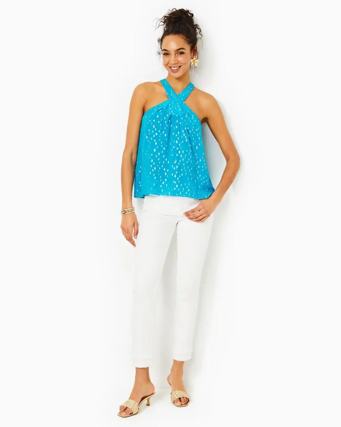Tops Women Lilly Pulitzer Rori Halter Top Cumulus Blue Viscose Metallic Clip Dobby