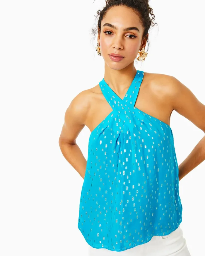 Tops Women Lilly Pulitzer Rori Halter Top Cumulus Blue Viscose Metallic Clip Dobby