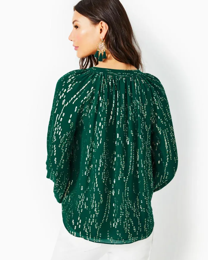 Tops Women Lilly Pulitzer Saige Long Sleeve Silk Top Evergreen Fish Clip Chiffon