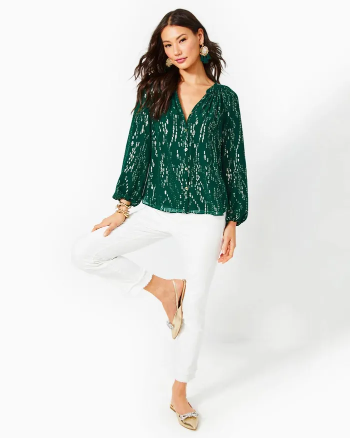 Tops Women Lilly Pulitzer Saige Long Sleeve Silk Top Evergreen Fish Clip Chiffon Tops Women Lilly Pulitzer Saige Long Sleeve Silk Top Evergreen Fish Clip Chiffon