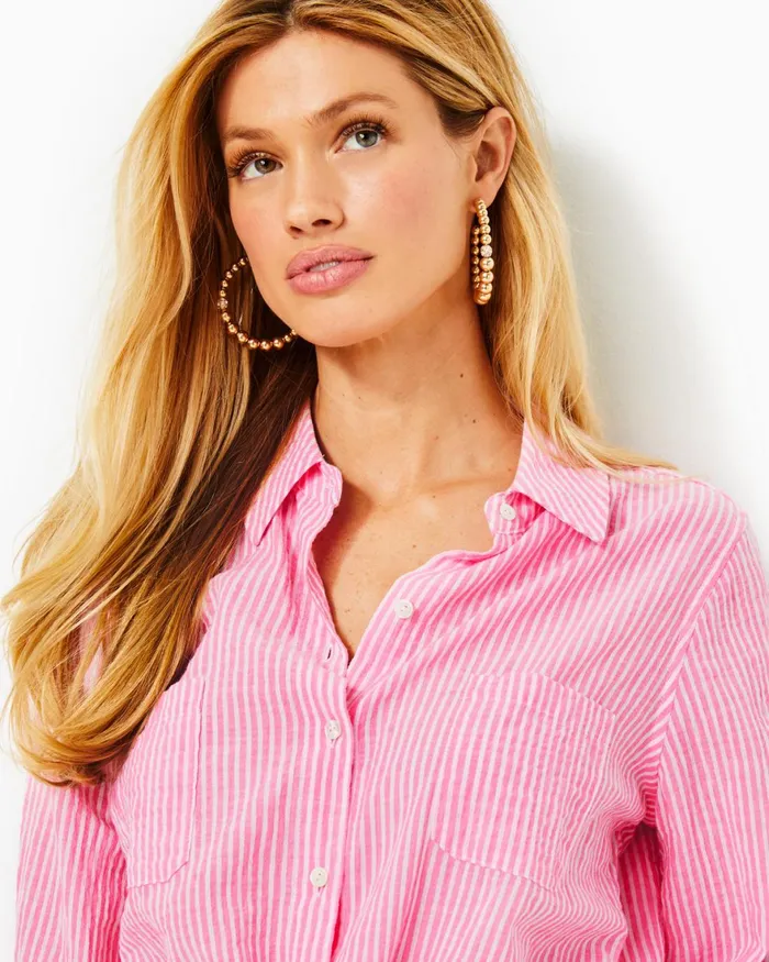 Tops Women Lilly Pulitzer Sea View Button Down Top Havana Pink Ltwt Oxford Stripe Tops Women Lilly Pulitzer Sea View Button Down Top Havana Pink Ltwt Oxford Stripe