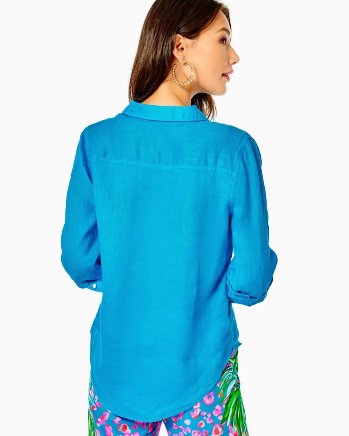Tops Women Lilly Pulitzer Sea View Button Down Top Turquoise Shore