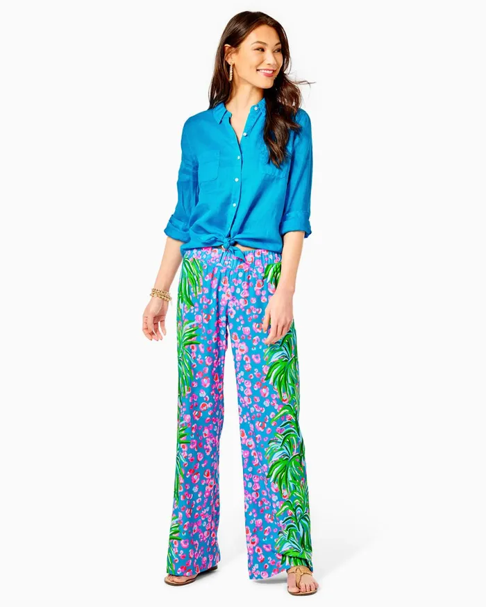 Tops Women Lilly Pulitzer Sea View Button Down Top Turquoise Shore