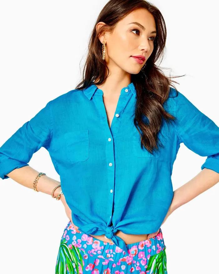 Tops Women Lilly Pulitzer Sea View Button Down Top Turquoise Shore