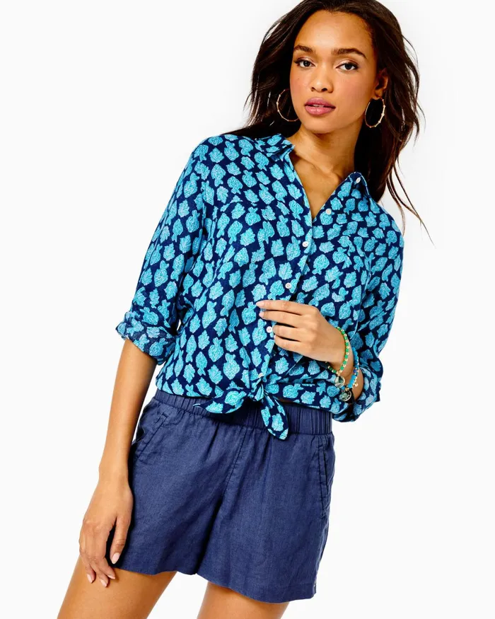 Tops Women Lilly Pulitzer Sea View Button Down Top Turquoise Shore