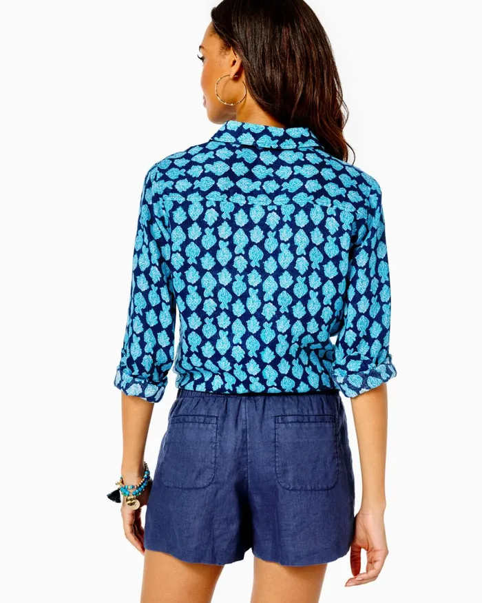 Tops Women Lilly Pulitzer Sea View Button Down Top Turquoise Shore