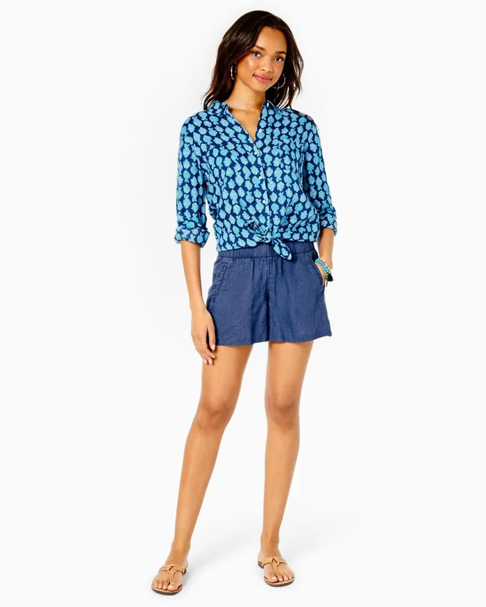 Tops Women Lilly Pulitzer Sea View Button Down Top Turquoise Shore