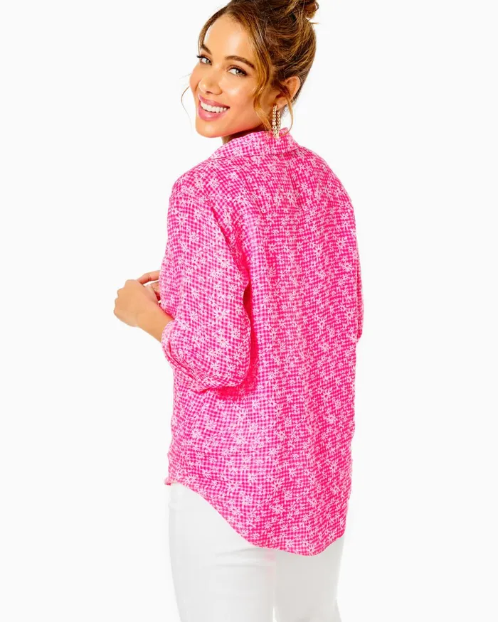 Tops Women Lilly Pulitzer Sea View Linen Button Down Top Aura Pink Check You Out