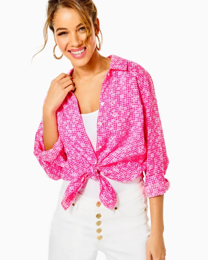 Tops Women Lilly Pulitzer Sea View Linen Button Down Top Aura Pink Check You Out Tops Women Lilly Pulitzer Sea View Linen Button Down Top Aura Pink Check You Out