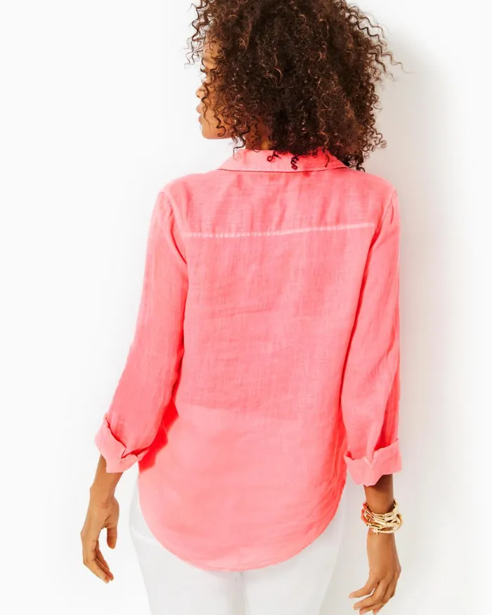 Tops Women Lilly Pulitzer Sea View Linen Button Down Top Sunrise Coral