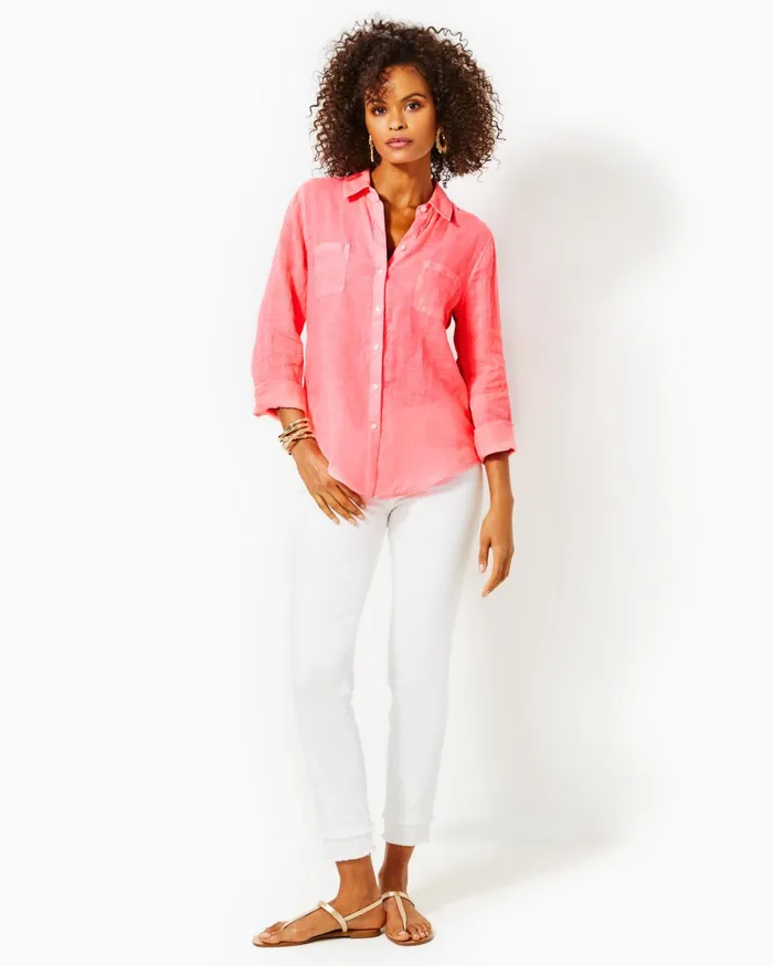 Tops Women Lilly Pulitzer Sea View Linen Button Down Top Sunrise Coral Tops Women Lilly Pulitzer Sea View Linen Button Down Top Sunrise Coral