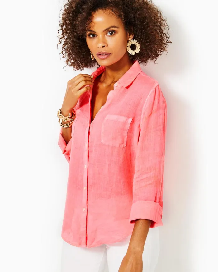 Tops Women Lilly Pulitzer Sea View Linen Button Down Top Sunrise Coral Tops Women Lilly Pulitzer Sea View Linen Button Down Top Sunrise Coral