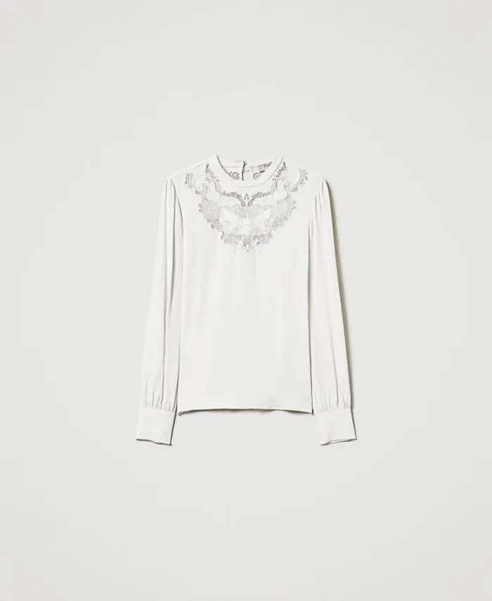 Twinset Blouses And Shirts Crpe Blouse With Floral Embroidery White Cream 8211 Clothing