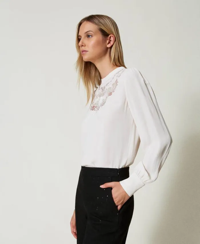 Twinset Blouses And Shirts Crpe Blouse With Floral Embroidery White Cream 8211 Clothing