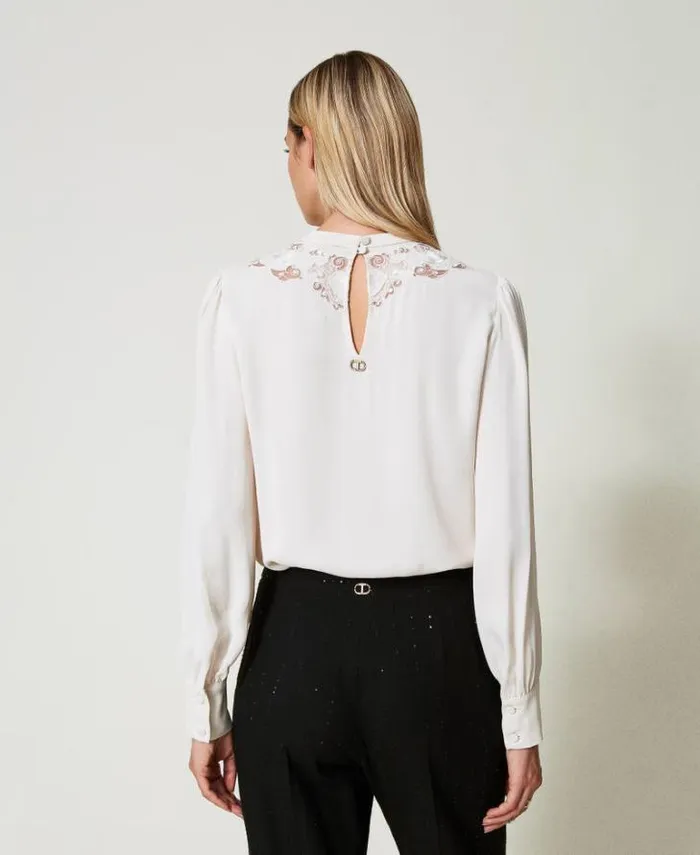 Twinset Blouses And Shirts Crpe Blouse With Floral Embroidery White Cream 8211 Clothing