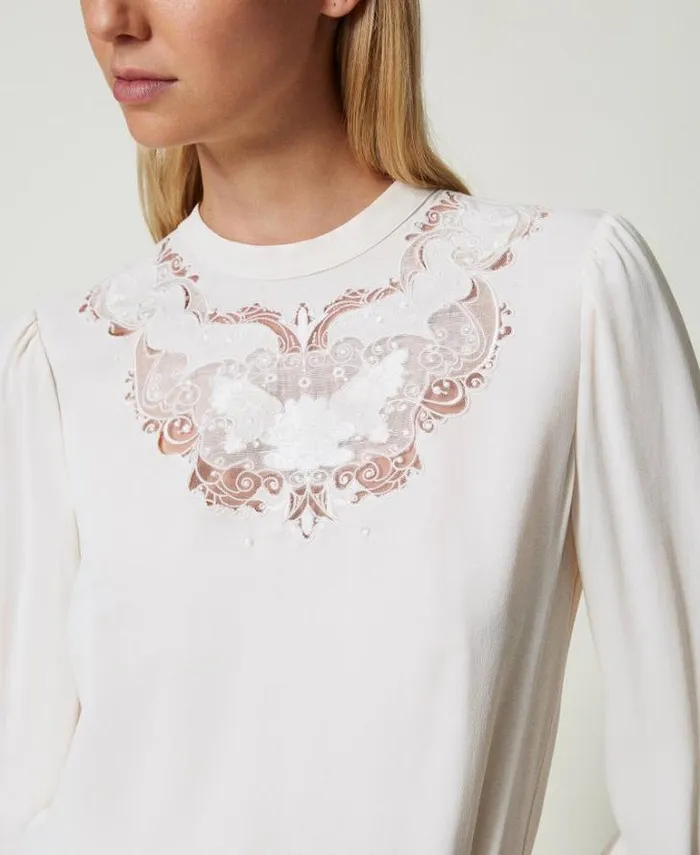 Twinset Blouses And Shirts Crpe Blouse With Floral Embroidery White Cream 8211 Clothing
