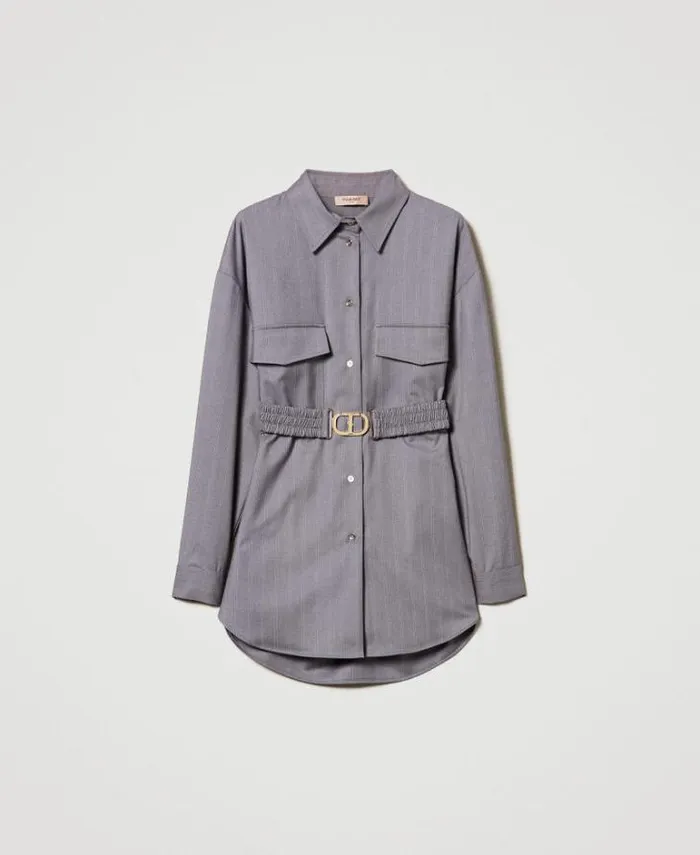 Twinset Blouses And Shirts Maxi Pinstripe Shirt With Belt Snow Pinstripe Melange Grey 8211 Clothing
