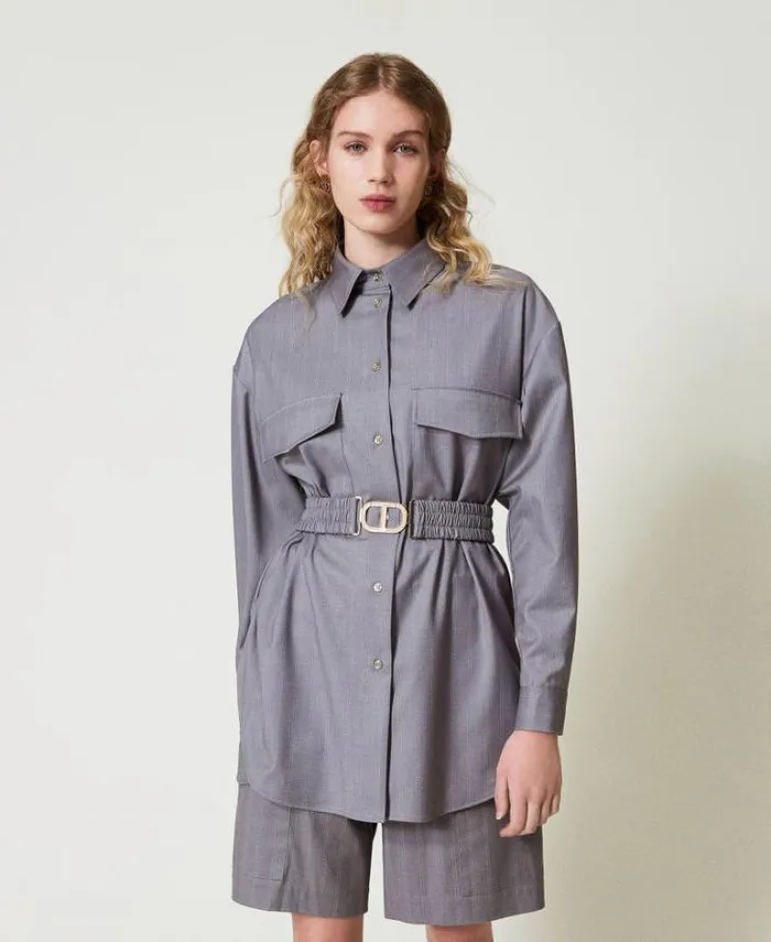 Twinset Blouses And Shirts Maxi Pinstripe Shirt With Belt Snow Pinstripe Melange Grey 8211 Clothing