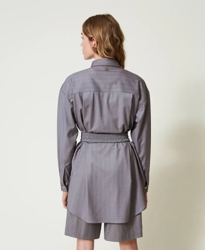 Twinset Blouses And Shirts Maxi Pinstripe Shirt With Belt Snow Pinstripe Melange Grey 8211 Clothing